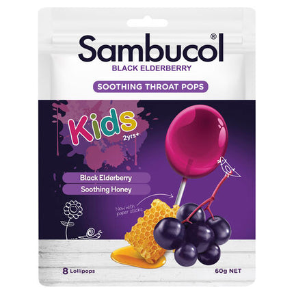 Sambucol Kids Black Elderberry Soothing Throat Pops 8 Lollipops