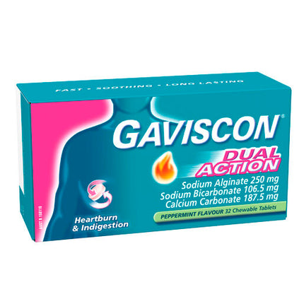 Gaviscon Dual Action Heartburn & Indigestion Relief Peppermint 32 Chewable Tablets