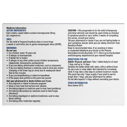 Chemists' Own Heartburn Esomeprazole 20mg 7 Tablets