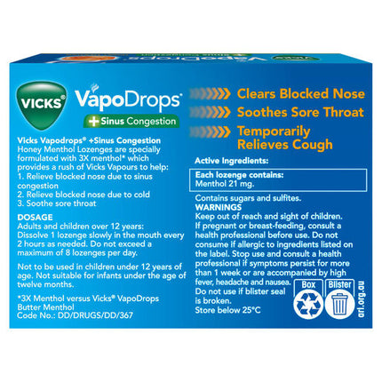 Vicks VapoDrops +Sinus Congestion Honey Menthol 16 Lozenges – Cough & Cold