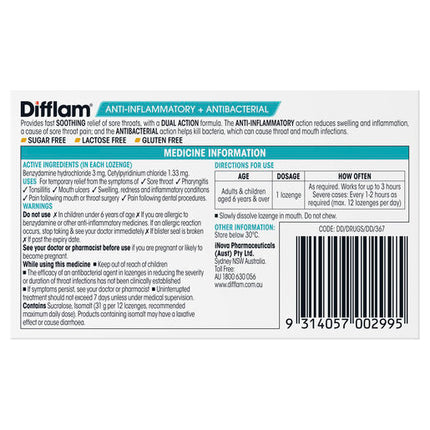 Difflam Sore Throat Sugar Free Honey & Lemon 16 Lozenges