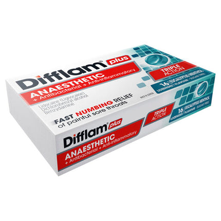Difflam Plus Anaesthetic Sugar Free Lozenges Eucalyptus & Menthol Flavour 16 Lozenges
