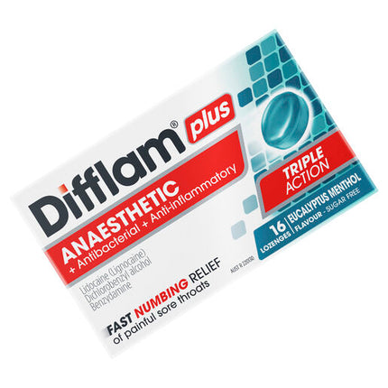 Difflam Plus Anaesthetic Sugar Free Lozenges Eucalyptus & Menthol Flavour 16 Lozenges