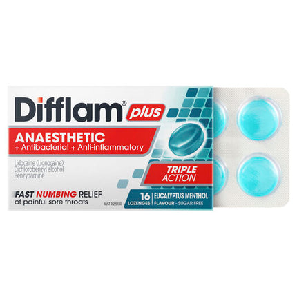 Difflam Plus Anaesthetic Sugar Free Lozenges Eucalyptus & Menthol Flavour 16 Lozenges