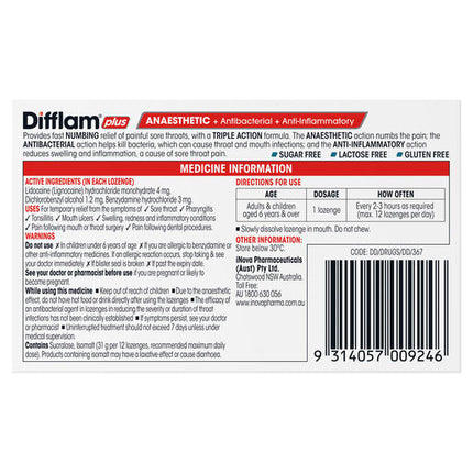 Difflam Plus Anaesthetic Sugar Free Lozenges Eucalyptus & Menthol Flavour 16 Lozenges
