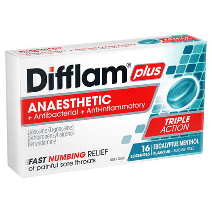 Difflam Plus Anaesthetic Sugar Free Lozenges Eucalyptus & Menthol Flavour 16 Lozenges