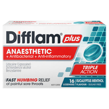 Difflam Plus Anaesthetic Sugar Free Lozenges Eucalyptus & Menthol Flavour 16 Lozenges