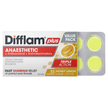 Difflam Plus Anaesthetic Sugar Free Lozenges Honey & Lemon Flavour 32 Lozenges