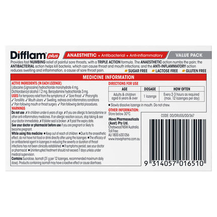Difflam Plus Anaesthetic Sugar Free Lozenges Honey & Lemon Flavour 32 Lozenges
