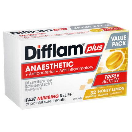 Difflam Plus Anaesthetic Sugar Free Lozenges Honey & Lemon Flavour 32 Lozenges