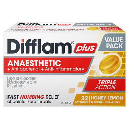 Difflam Plus Anaesthetic Sugar Free Lozenges Honey & Lemon Flavour 32 Lozenges