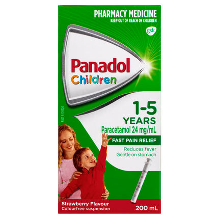 Panadol Children 1-5 Years Suspension, Fever & Pain Relief, Strawberry Flavour, 200 mL