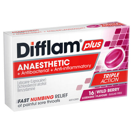 Difflam Plus Anaesthetic Sugar Free Berry Lozenge 16 Lozenges