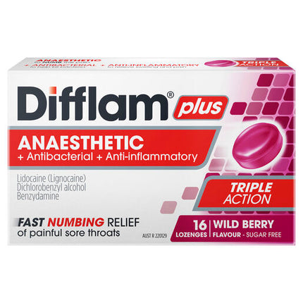 Difflam Plus Anaesthetic Sugar Free Berry Lozenge 16 Lozenges