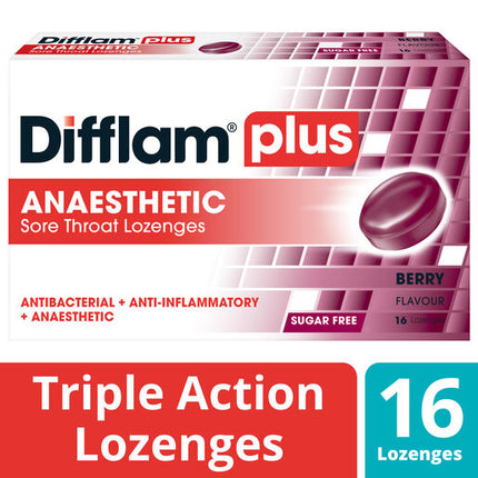 Difflam Plus Anaesthetic Sugar Free Berry Lozenge 16 Lozenges