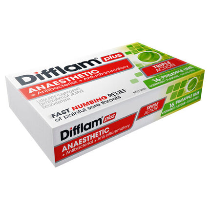 Difflam Plus Anaesthetic Sore Throat Lozenges Pineapple & Lime Flavour 16 Lozenges