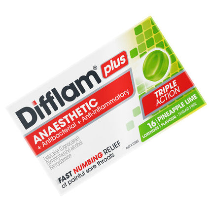 Difflam Plus Anaesthetic Sore Throat Lozenges Pineapple & Lime Flavour 16 Lozenges