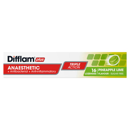 Difflam Plus Anaesthetic Sore Throat Lozenges Pineapple & Lime Flavour 16 Lozenges