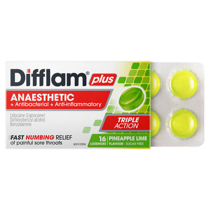 Difflam Plus Anaesthetic Sore Throat Lozenges Pineapple & Lime Flavour 16 Lozenges