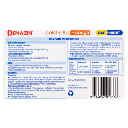 Demazin Cold & Flu + Cough Day + Night 24 Capsules