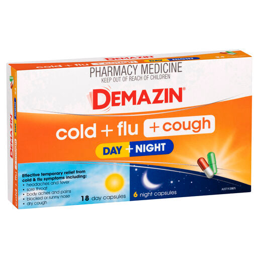 Demazin Cold & Flu + Cough Day + Night 24 Capsules