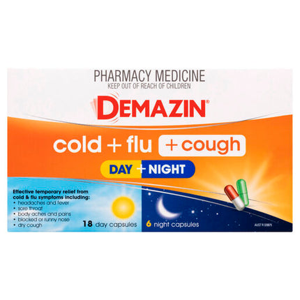 Demazin Cold & Flu + Cough Day + Night 24 Capsules