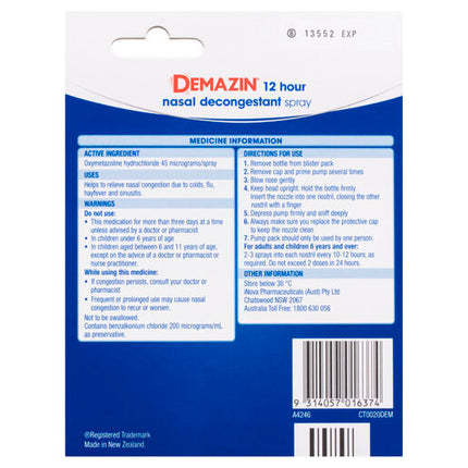 Demazin 12 Hour Nasal Decongestant Spray Value Pack 2 X 20mL