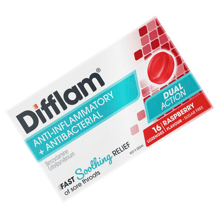 Difflam Sore Throat Sugar Free Raspberry 16 Lozenges