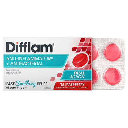 Difflam Sore Throat Sugar Free Raspberry 16 Lozenges