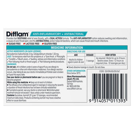 Difflam Sore Throat Sugar Free Raspberry 16 Lozenges