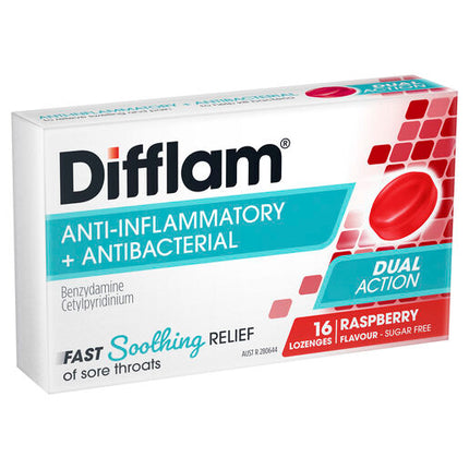 Difflam Sore Throat Sugar Free Raspberry 16 Lozenges