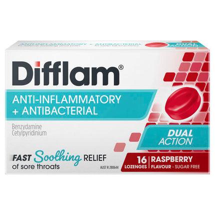 Difflam Sore Throat Sugar Free Raspberry 16 Lozenges