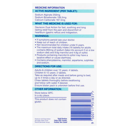 Gaviscon Dual Action Heartburn & Indigestion Relief Peppermint 32 Chewable Tablets