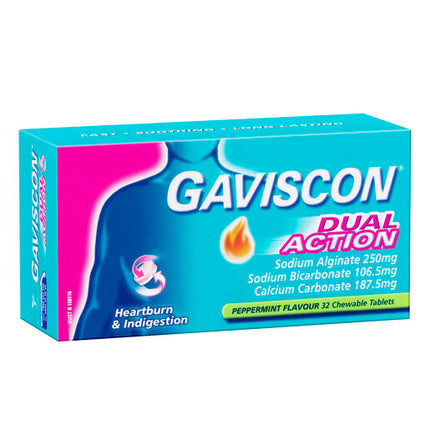 Gaviscon Dual Action Heartburn & Indigestion Relief Peppermint 32 Chewable Tablets