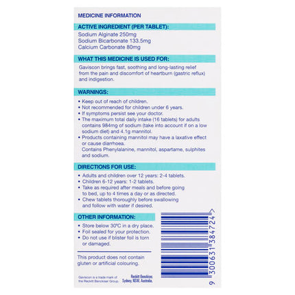 Gaviscon Heartburn & Indigestion Relief Peppermint 48 Chewable Tablets