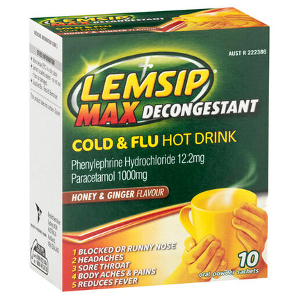 Lemsip Max Decongestant Cold and Flu Hot Drink Honey and Ginger 10 Pack