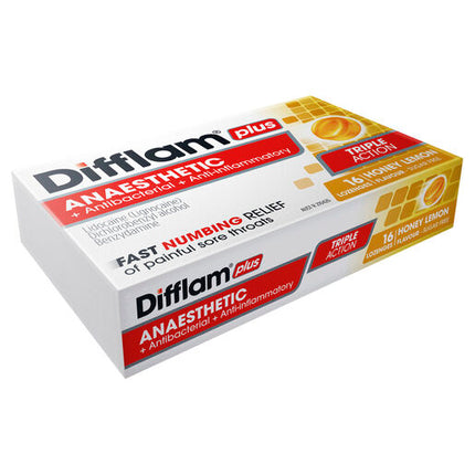 Difflam Plus Anaesthetic Sugar Free Lozenges Honey & Lemon Flavour 16 Lozenges