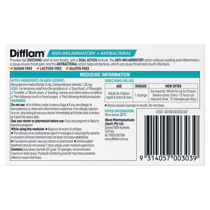 Difflam Sore Throat Sugar Free Orange 16 Lozenges