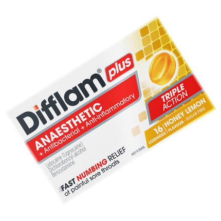 Difflam Plus Anaesthetic Sugar Free Lozenges Honey & Lemon Flavour 16 Lozenges