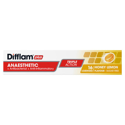 Difflam Plus Anaesthetic Sugar Free Lozenges Honey & Lemon Flavour 16 Lozenges