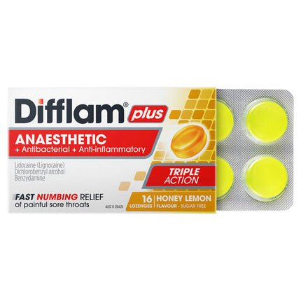 Difflam Plus Anaesthetic Sugar Free Lozenges Honey & Lemon Flavour 16 Lozenges