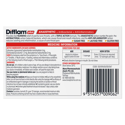 Difflam Plus Anaesthetic Sugar Free Lozenges Honey & Lemon Flavour 16 Lozenges