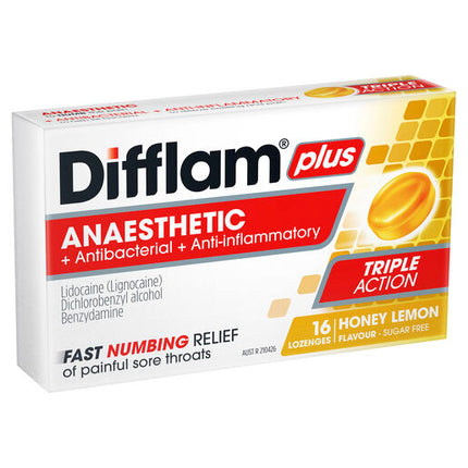 Difflam Plus Anaesthetic Sugar Free Lozenges Honey & Lemon Flavour 16 Lozenges