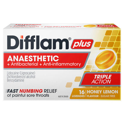 Difflam Plus Anaesthetic Sugar Free Lozenges Honey & Lemon Flavour 16 Lozenges