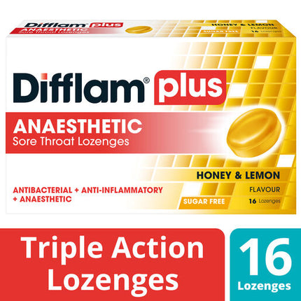 Difflam Plus Anaesthetic Sugar Free Lozenges Honey & Lemon Flavour 16 Lozenges