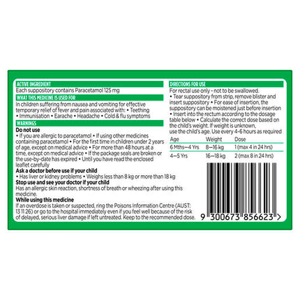 Panadol Children 6 Months to 5 Years Suppositories Paracetamol 125mg 10 Pack