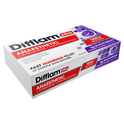 Difflam Plus Anaesthetic Sugar Free Lozenges Blackcurrant Flavour 16 Lozenges