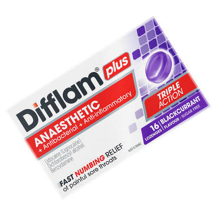Difflam Plus Anaesthetic Sugar Free Lozenges Blackcurrant Flavour 16 Lozenges