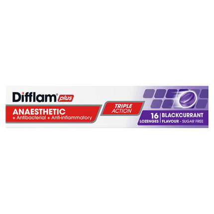 Difflam Plus Anaesthetic Sugar Free Lozenges Blackcurrant Flavour 16 Lozenges