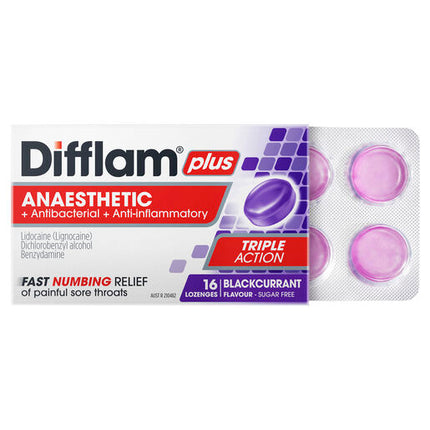 Difflam Plus Anaesthetic Sugar Free Lozenges Blackcurrant Flavour 16 Lozenges